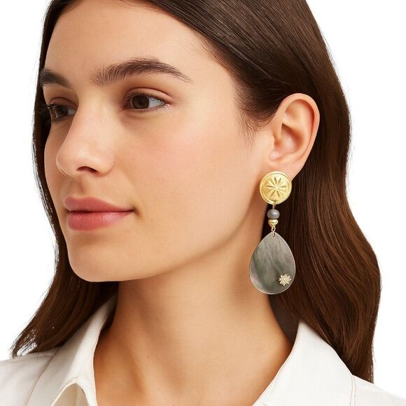 Chico’s Abalone Sand Dollar 2" Drop Pierced Earrings Coastal Beach BOHO Dangle - Picture 3 of 13